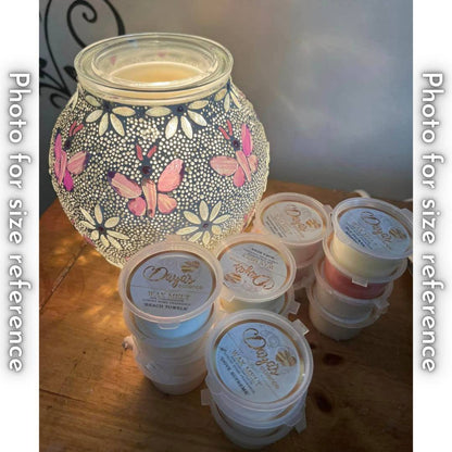 A light-up butterfly wax melt warmer surrounded by various wax melts in Daya's Essence packaging, including "Beach Towels" and "Dove Supreme."