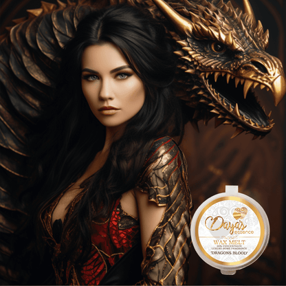 A beautiful mystical woman wearing a red and black lace top with a golden dragons behind her, forefront is a dayas essence wax melt pot with Dragons Blood