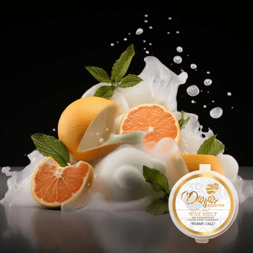 A foamy explosion of juicy orange slices and fresh mint leaves surrounds a white and gold container labeled "Days Essence Wax Melt 30% Concentrate Luxury Home Fragrance 'Foamy Call.'" The vibrant imagery evokes the invigorating and refreshing scent of this luxurious wax melt.