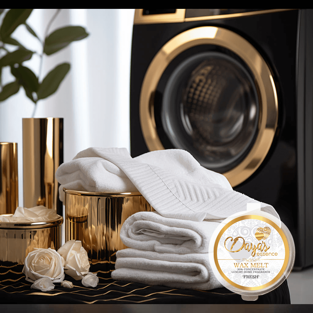 A "Fresh" scented wax melt by Daya's Essence sits on a stack of fluffy white towels, evoking the clean and refreshing aroma of laundry day. The scene is set in a luxurious laundry room with a gold washing machine in the background, adding a touch of opulence to the everyday chore.
