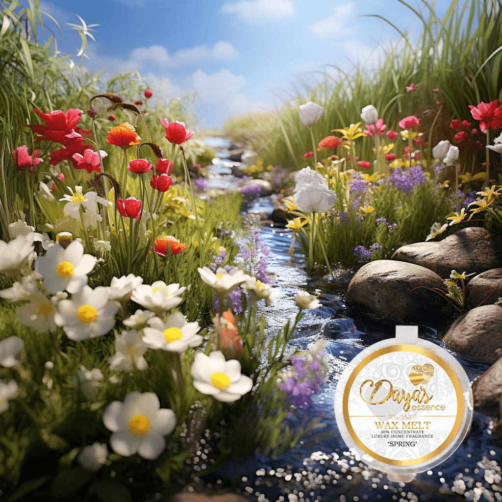 A single Daya's Essence wax melt labeled "Spring" rests beside a gently flowing stream surrounded by a vibrant meadow filled with colorful wildflowers.