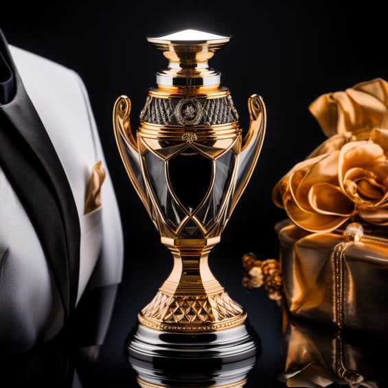An aftershave bottle designed to resemble an ornate gold and black trophy with intricate patterns and a reflective finish stands on a glossy black surface. To the left, part of a white suit jacket with a black lapel and a gold pocket square is visible. To the right, there is a gold-wrapped gift with a large, elegant bow.