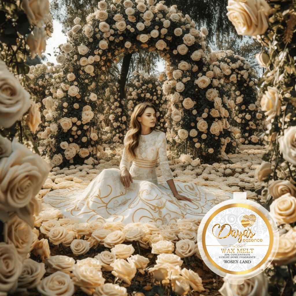 A woman in an elegant white and gold dress sits among a vast array of cream-colored roses. She is surrounded by lush arches made of the same roses, creating a serene and luxurious garden setting. The image also features a label for 'Daya's Essence Wax Melt' with the scent 'Rosey-Land' in the bottom right corner.