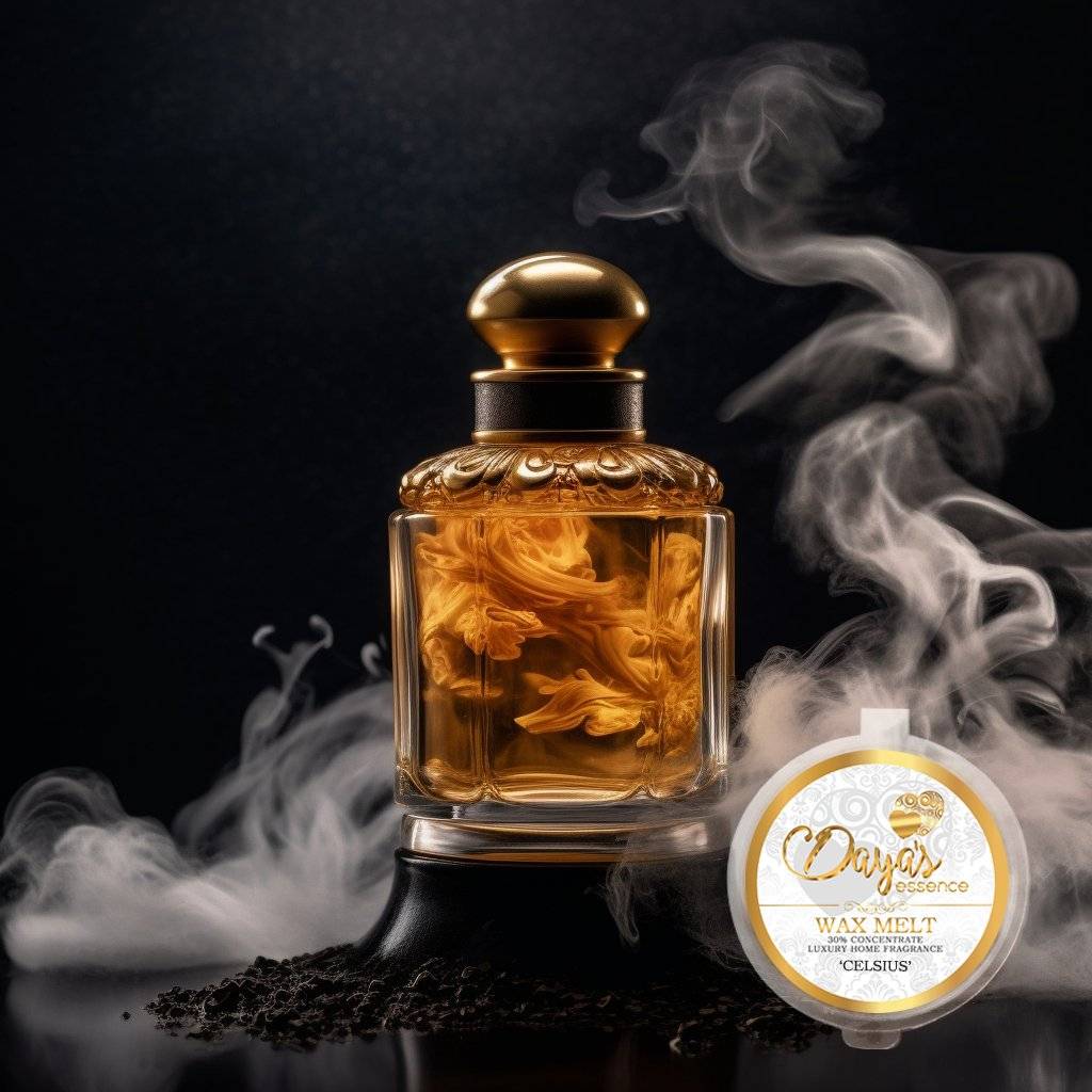 A vintage-inspired perfume bottle with a golden cap sits on a dark surface amidst scattered dried leaves, releasing wisps of fragrant smoke. Beside it rests a Daya's Essence "Celsius" wax melt, promising a luxurious home fragrance experience.