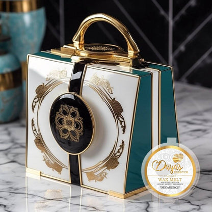 A white, teal and gold luxury handbag with a floral design, labeled "Days Essence Wax Melt 30% Concentrate Luxury Home Fragrance 'Decadence'" is placed on a table.