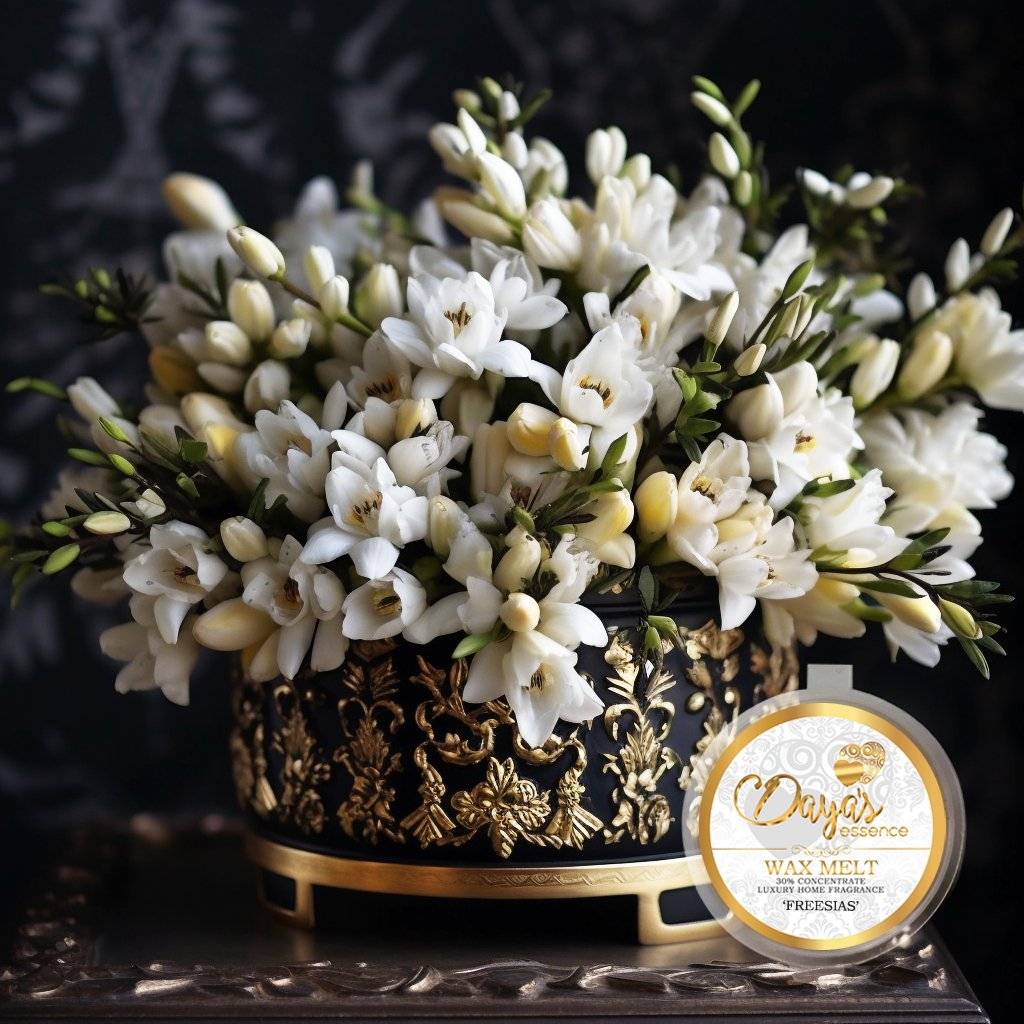 A white and gold wax melt container with the label "Days Essence Wax Melt 30% Concentrate Luxury Home Fragrance 'Freesias'" sits on a dark wood surface, surrounded by a bouquet of white freesia flowers.