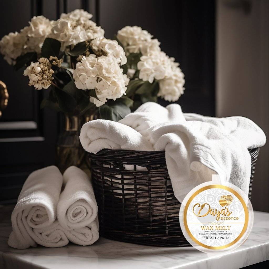 A gold and white wax melt with a floral design labeled "Dayas essence WAX MELT 30% CONCENTRATE LUXURY HOME FRAGRANCE 'FRESH APRIL'" rests on a marble countertop next to a black wicker basket filled with fluffy white towels. A bouquet of white hydrangeas sits in a vase behind the basket, adding a touch of elegance to the scene. The overall ambiance is luxurious and inviting, suggesting a spa-like experience.