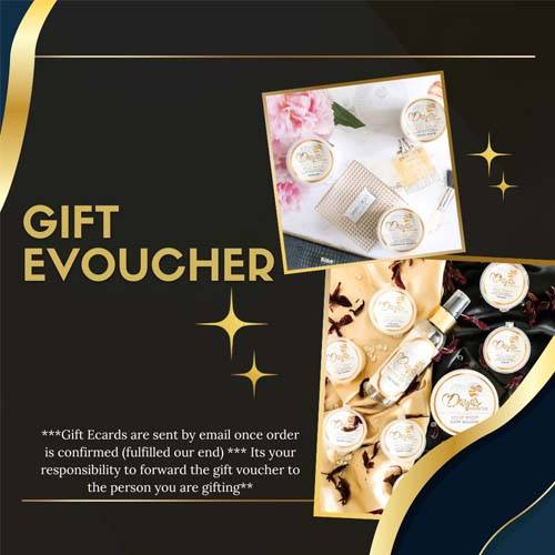 A Daya's Essence gift evoucher, the perfect gift for any occasion, is displayed against a luxurious backdrop of gold and cream hues. The evoucher features images showcasing the brand's various wax melts, offering a diverse selection of home fragrance options.