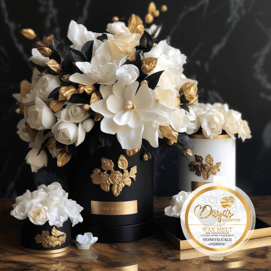 A luxurious arrangement of white and gold flowers, including roses and magnolias, is displayed in a black box with gold detailing. In the foreground, a white and gold container showcases a wax melt named "HONEYSUCKLE JASMINE" by Daya's Essence, promising a fragrant and elegant sensory experience.