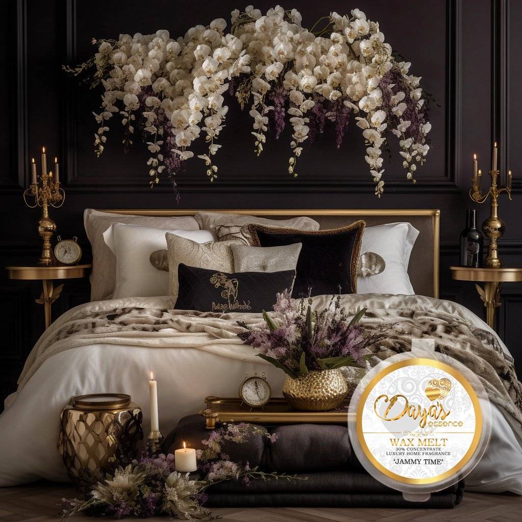A gold wax melt container with the Days Essence logo on it is sitting on a table in a bedroom. The wax melt is called "Jammy Time". The bedroom is decorated with white and gold bedding, a dark floral bedspread, and a large arrangement of white orchids. There are candles and a candle holder on the table next to the wax melt. The overall atmosphere is luxurious and inviting.