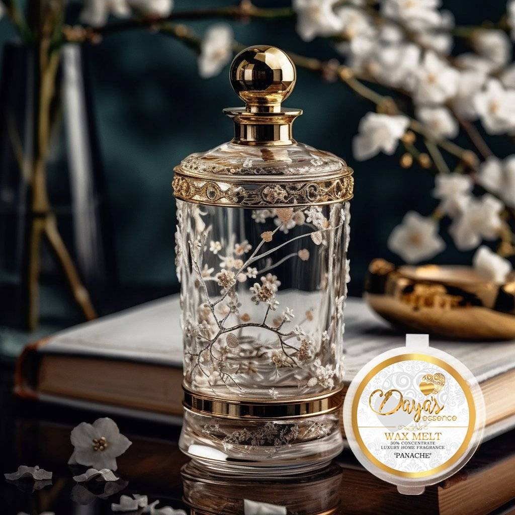 A glass perfume bottle with a gold lid and floral design is displayed beside a "Panache" wax melt by Daya's Essence. The wax melt is presented in a white and gold container with a floral pattern. The background is a soft, warm color with a floral arrangement and a book.