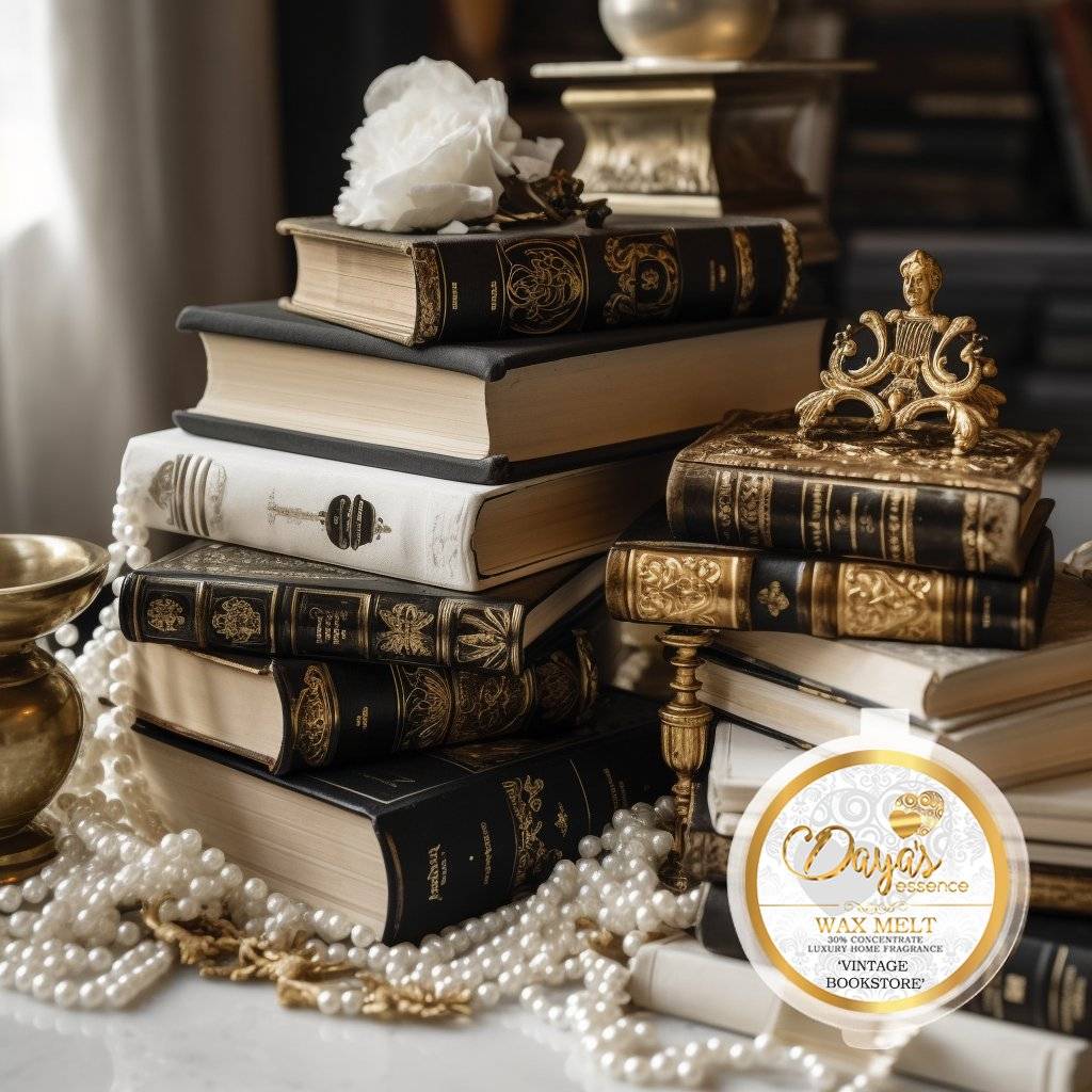 A stack of vintage books, some with worn leather bindings and gold embellishments, rests on a table. A white flower, pearls, and a gold figurine add a touch of elegance. In the foreground, a round wax melt labeled "Vintage Bookstore" by Daya's Essence promises a luxurious home fragrance experience.